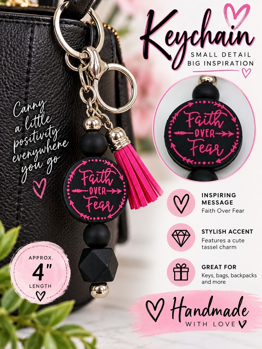 A66. Faith Over Fear Black & Pink Keychain NWT